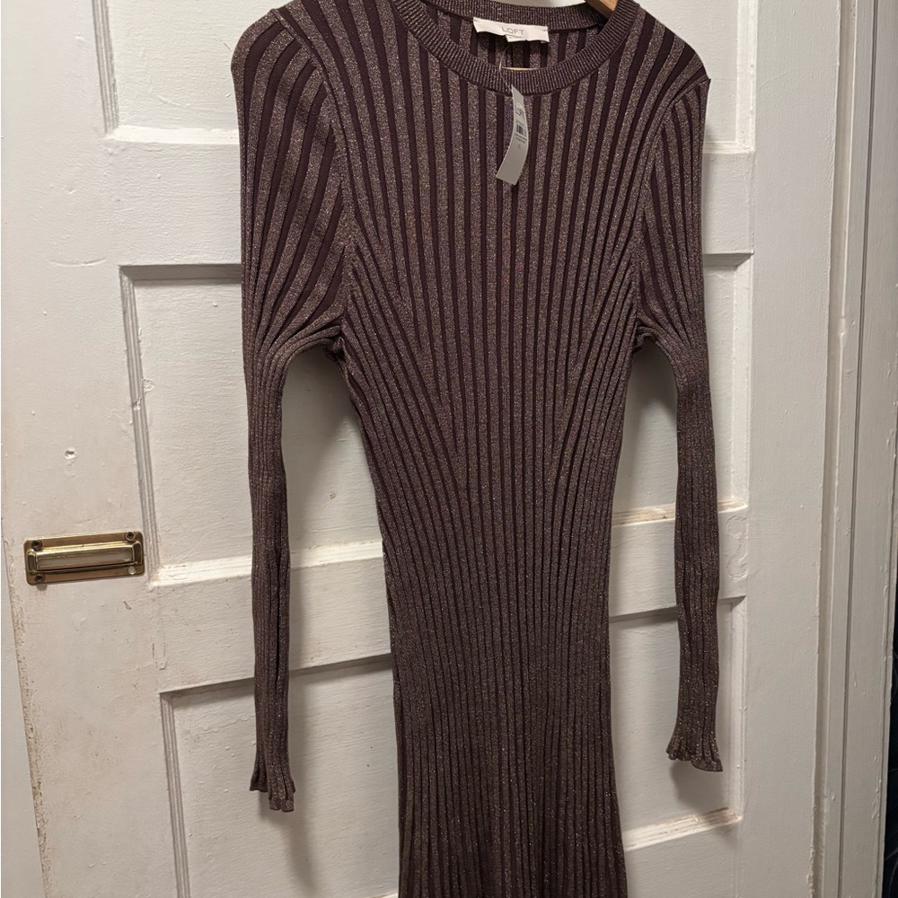LOFT Long Sleeve Ribbed Dress in Deep Brown